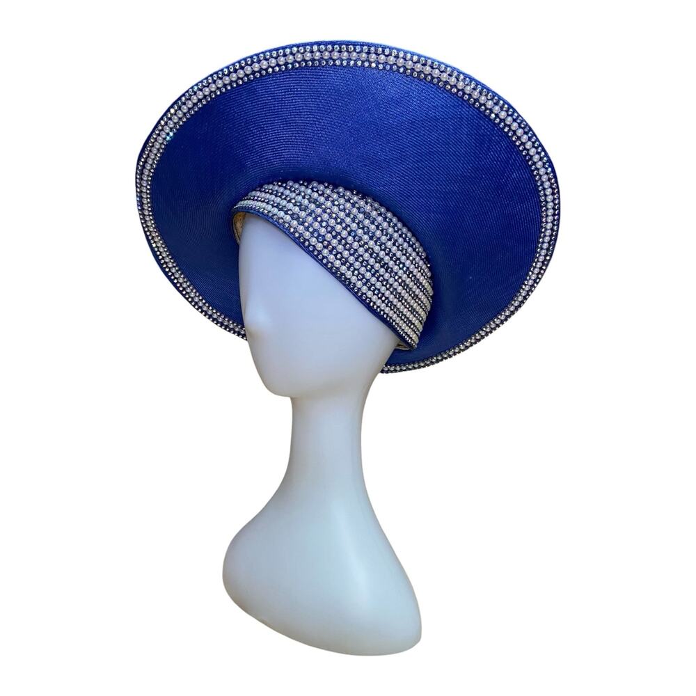 1960s Jack McConnell Blue Sculptural Tilt Hat Rhinestone Pearl Trim